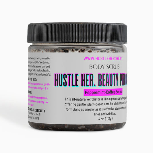 Jar of Hustle Her. Beauty Peppermint-Coffee Scrub on a white background